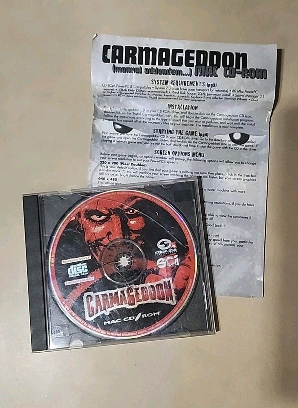 Vintage Carmageddon Mac CD‑ROM (1997 SCI) – Driving Combat Racing Game – Tested