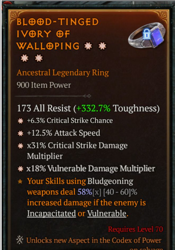 🌟🌟🌟🌟DIABLO 4🔥SEASON 13🔥LEGEN RING🔥4GA-CRIT%+VUL DM+CRIT DMG-ATK SPEED