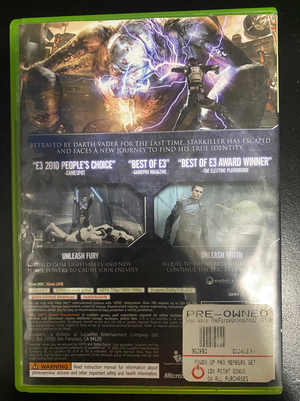 Star Wars: The Force Unleashed II – XBox 360 – LucasArts – Acceptable Condition