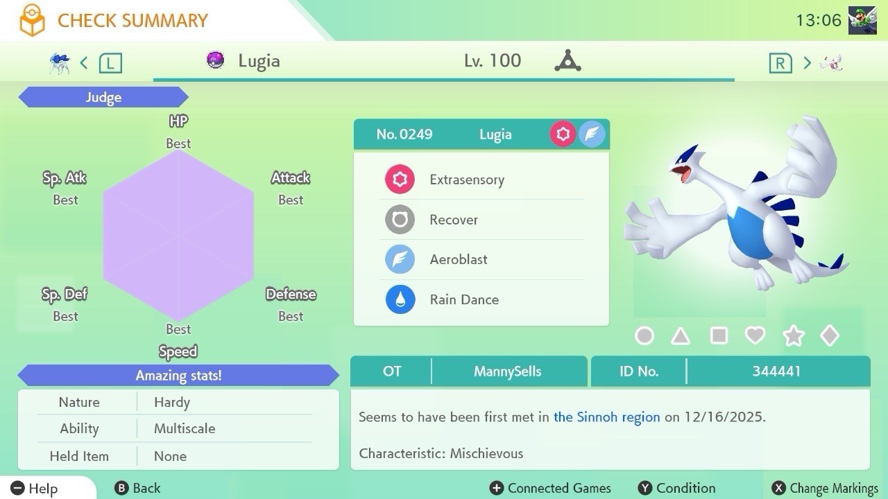 BDSP Caught Legendaries Shiny/Non Shiny, 6IV, Level 100, EVs 6HP 252ATK 252SPE