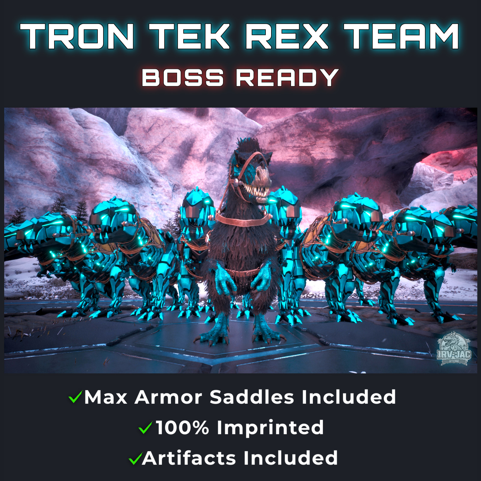 Ark Ascended PVE – Tek Rex Boss Team – TRON Color – Imprinted – Xbox/PC/PS5