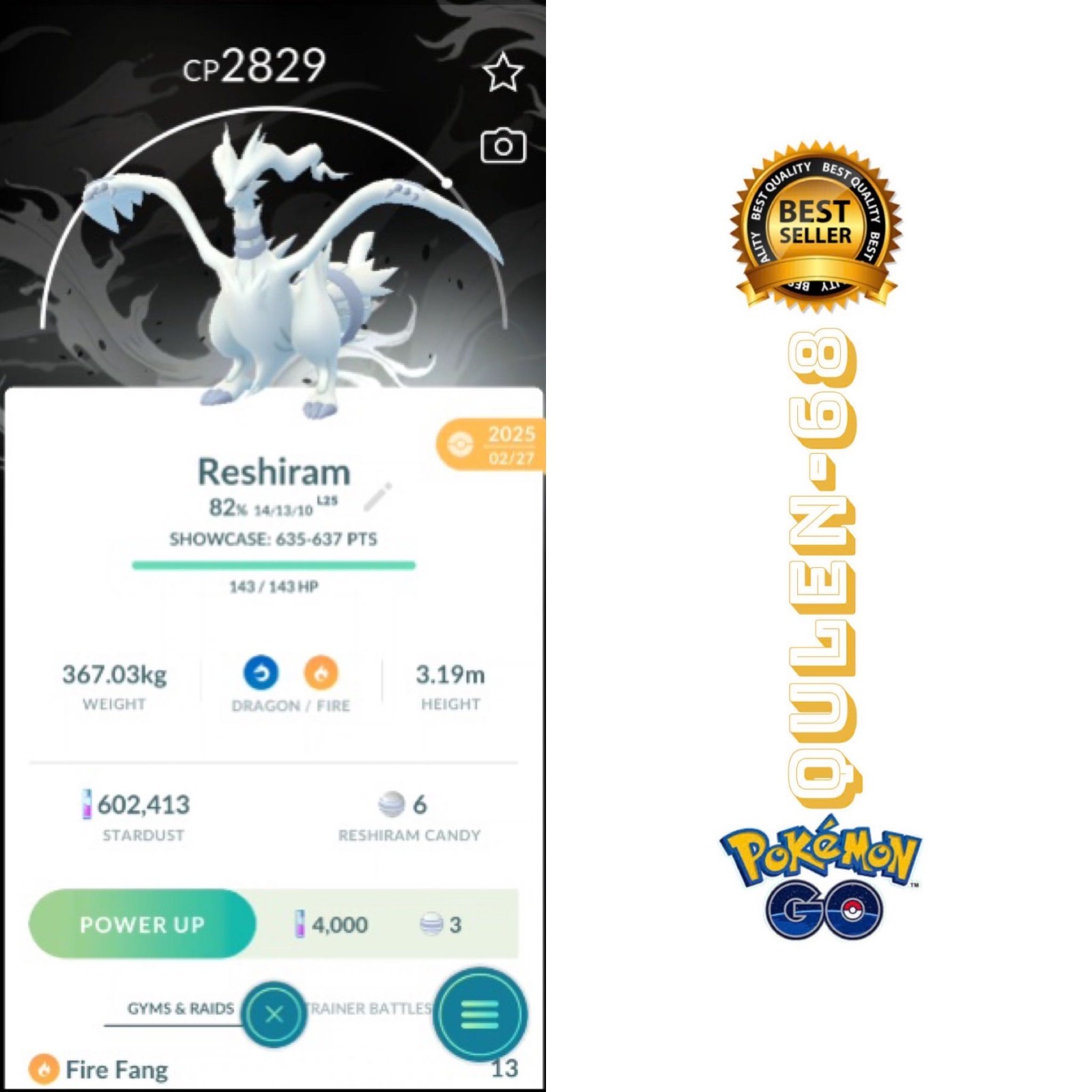 Pokémon Go – (NON SHINY ) Pokemon Reshiram Black Background – Trade Registered