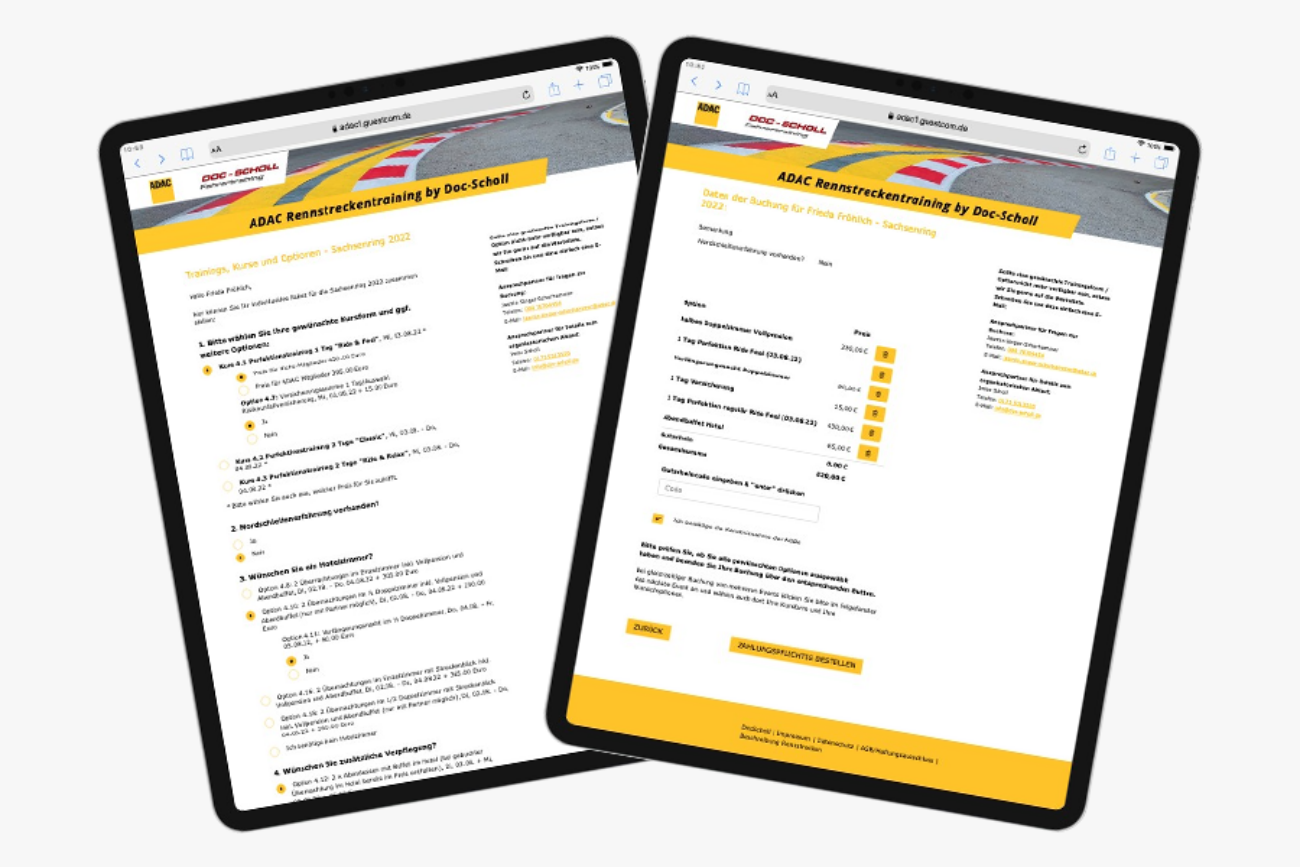 Device-Screen von der Teilnehmerbuchung mit Shop-Funktion zum Rennstreckentraining von ADAC